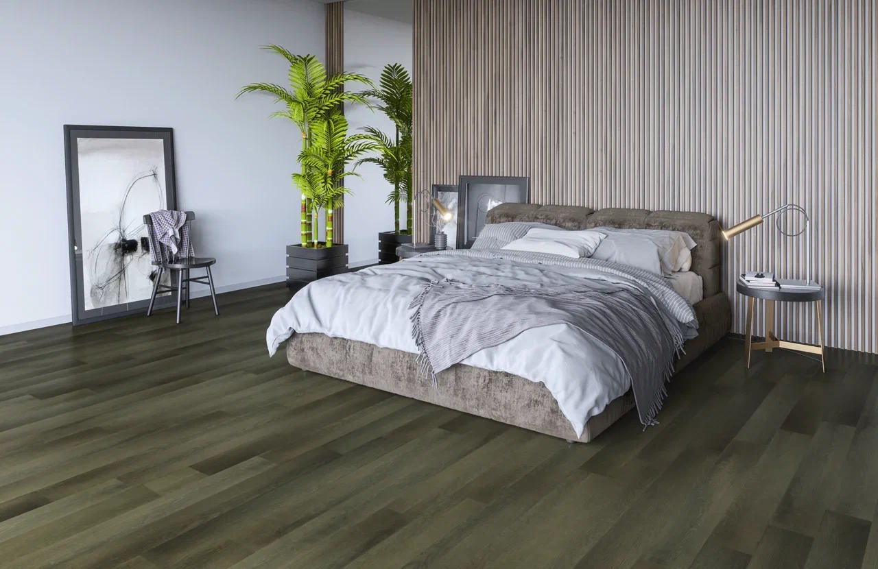 Кварцвиниловый SPC ламинат Home Expert Natural Дуб Ночной лес 2187-03 1220×150×3,5 фото в интерьере